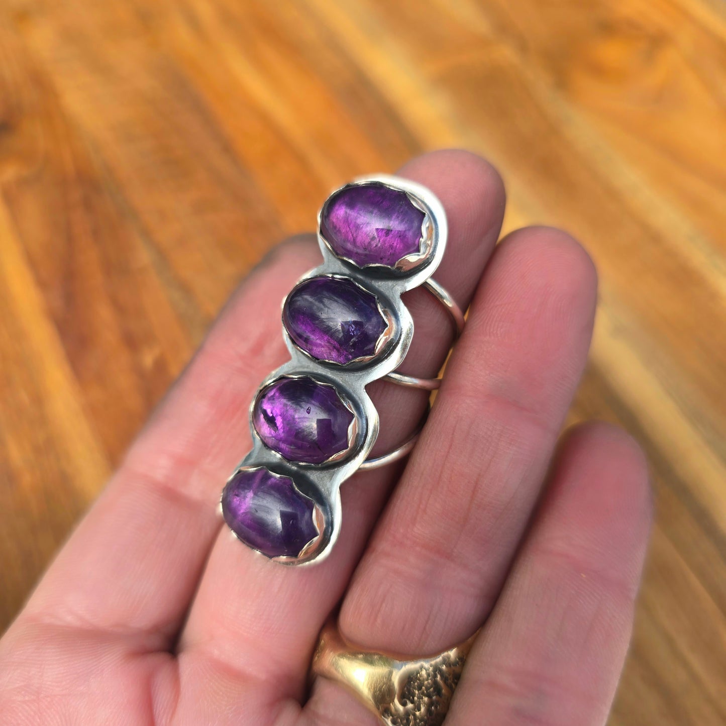 Four Stone Amethyst Statement Ring — One-of-a-Kind Sterling Silver Vertical Form