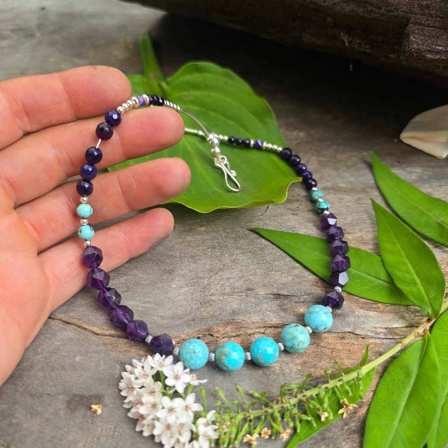 Amethyst & Turquoise Sterling Silver Beaded Necklace