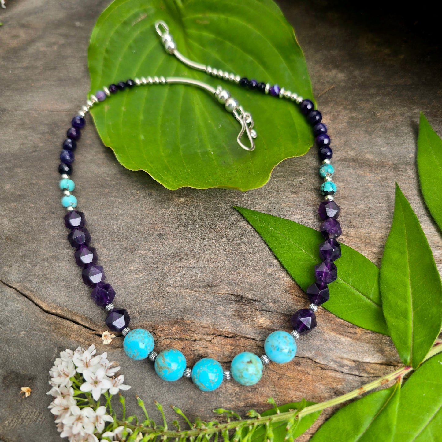 Amethyst & Turquoise Sterling Silver Beaded Necklace
