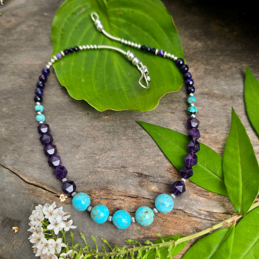 Amethyst & Turquoise Sterling Silver Beaded Necklace