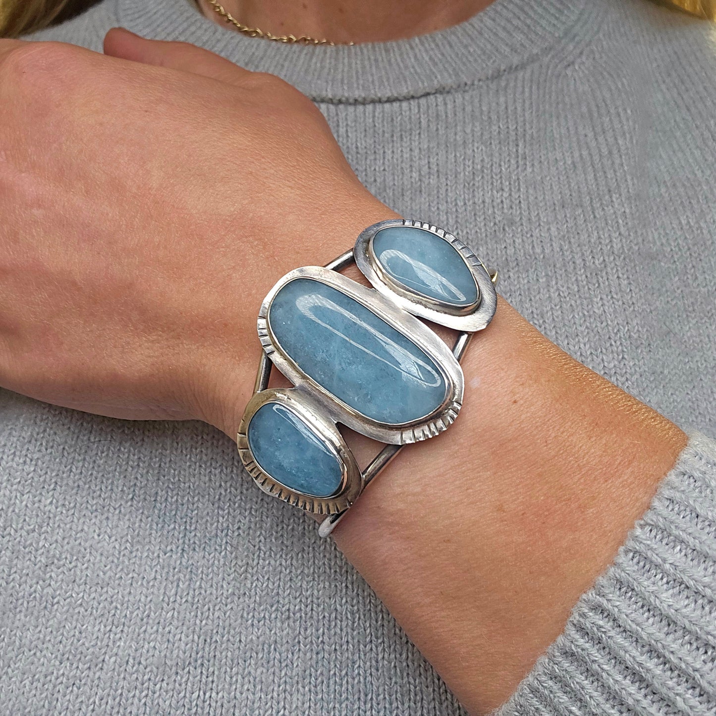 Aquamarine Three-Stone Statement Cuff in Sterling Silver | Collector Works