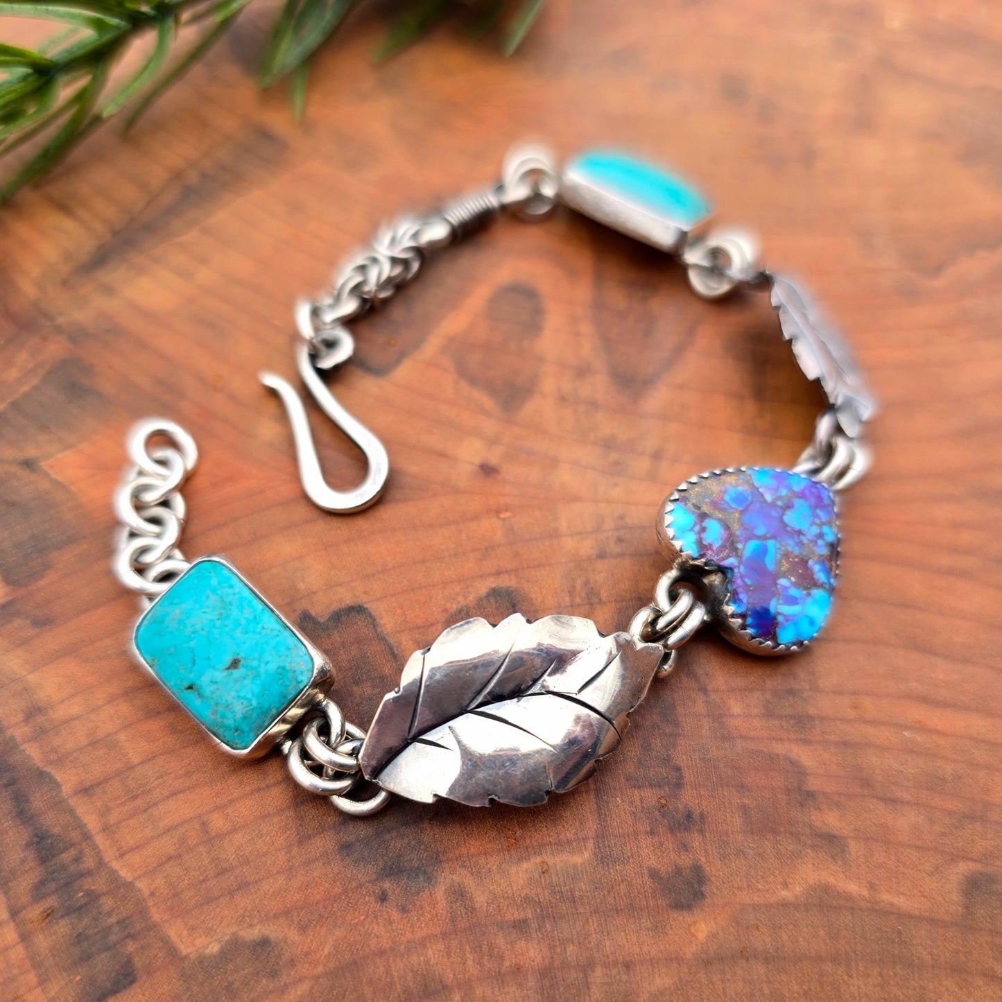 Turquoise and Mohave turquoise aspen leaf bracelet in sterling silver