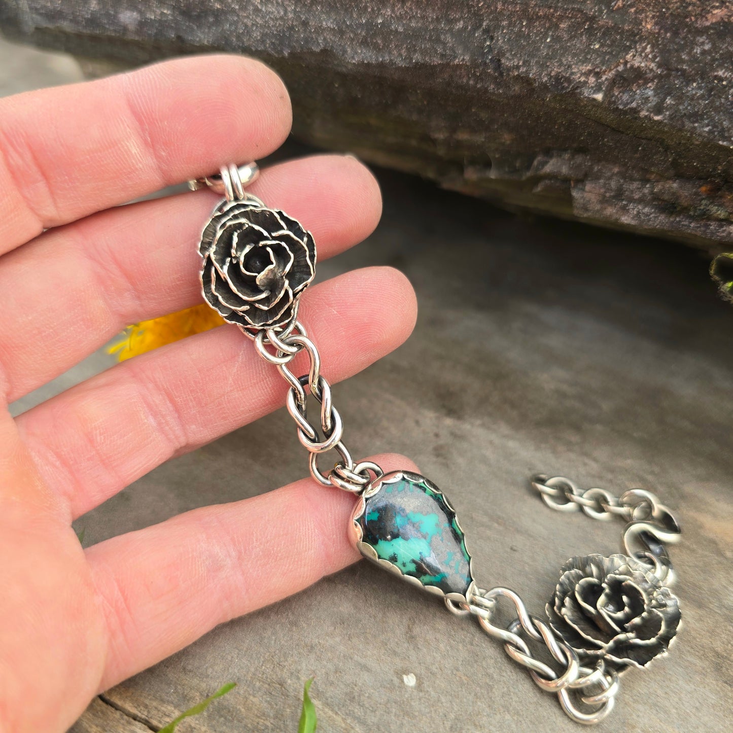 Peony & Azurite Chain Link Bracelet in Sterling Silver