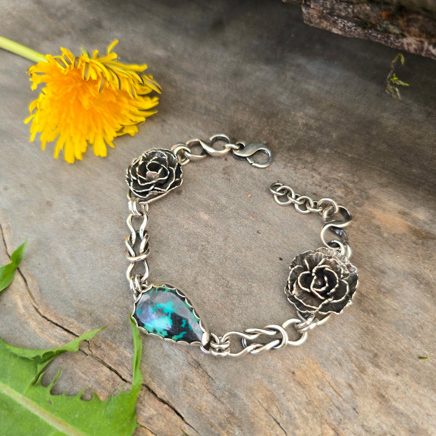 Peony & Azurite Chain Link Bracelet in Sterling Silver