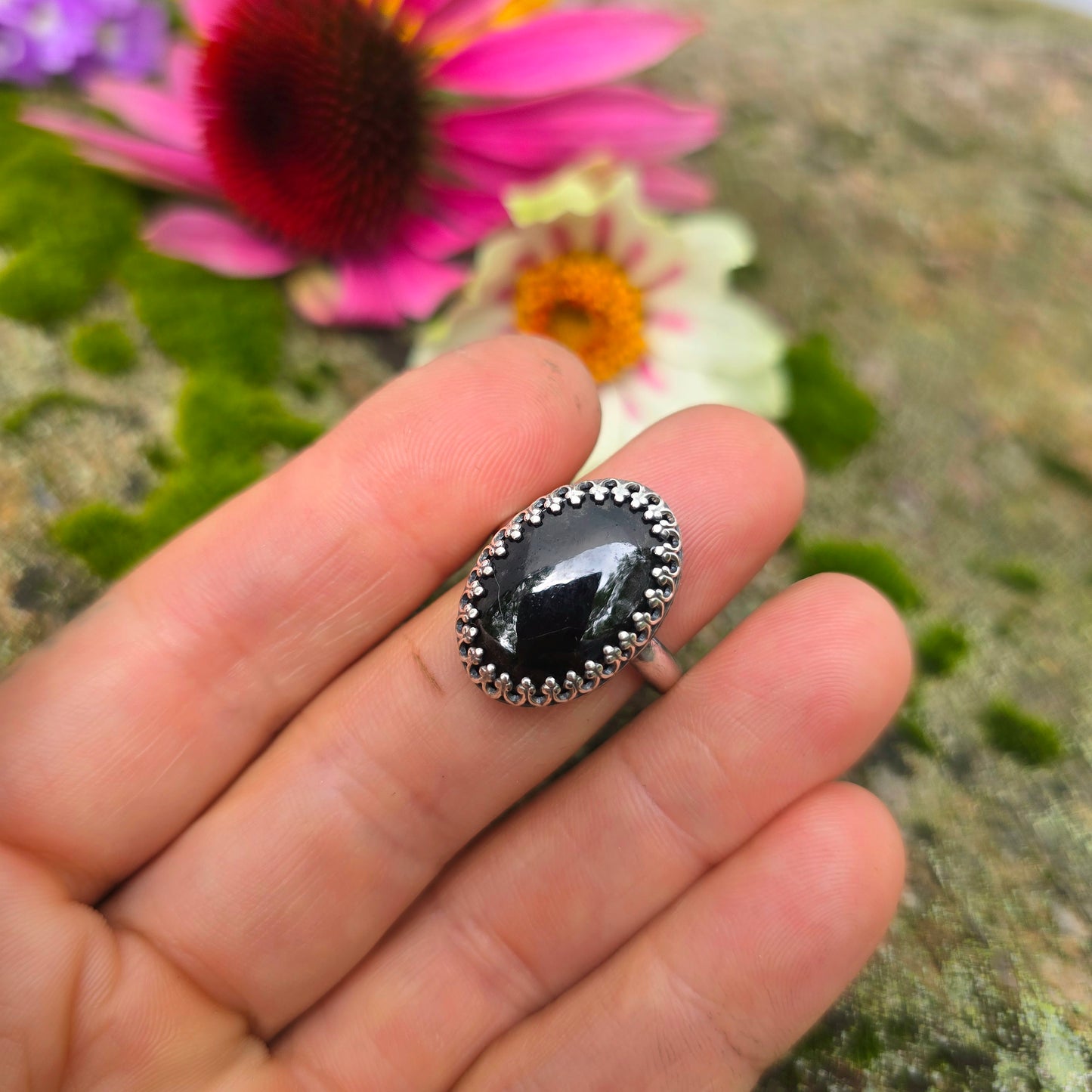 Black Tourmaline Gallery Bezel Hand-Forged Sterling Silver Ring