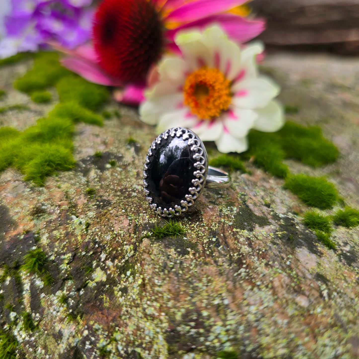 Black Tourmaline Gallery Bezel Hand-Forged Sterling Silver Ring