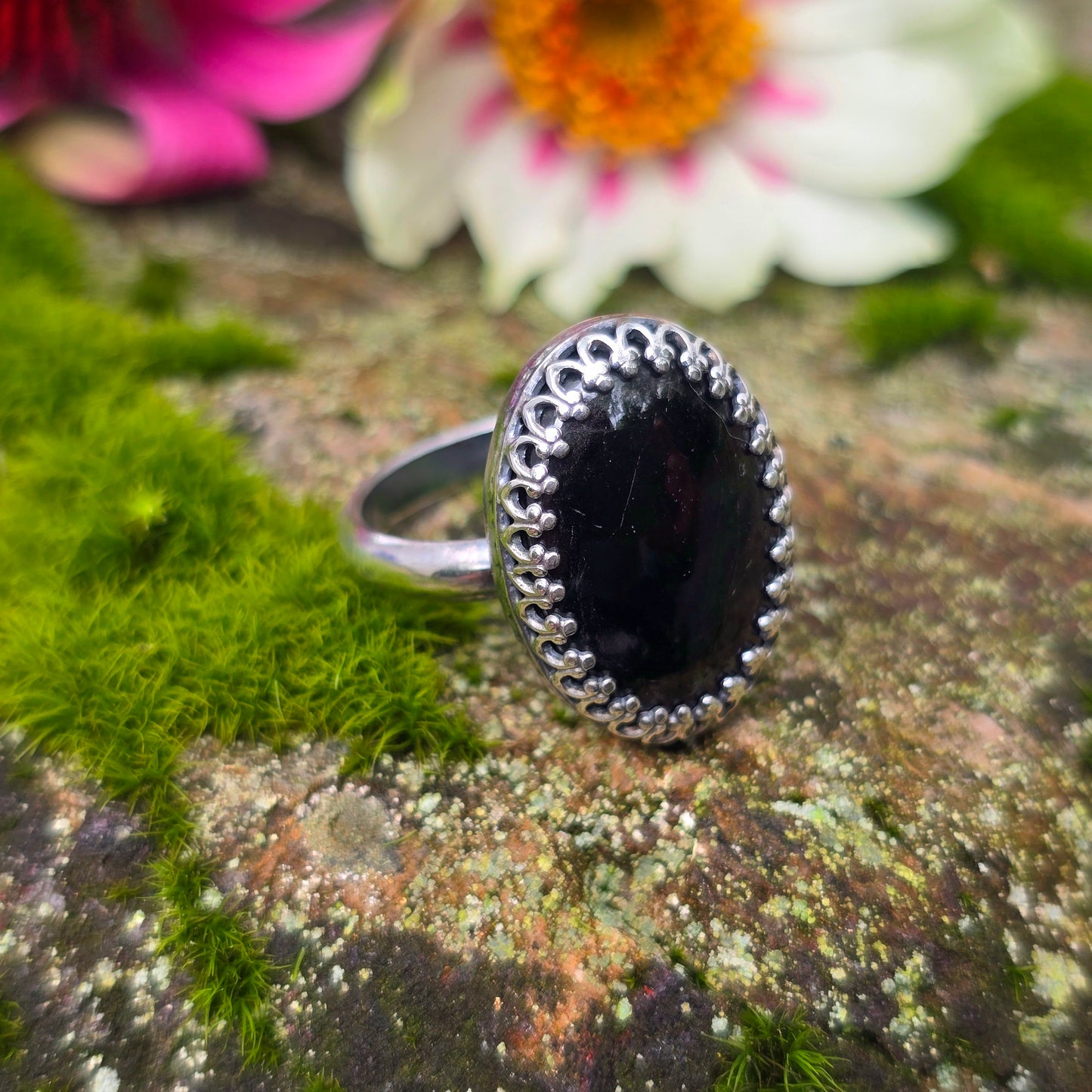 Black Tourmaline Gallery Bezel Hand-Forged Sterling Silver Ring