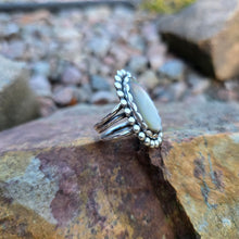 Load image into Gallery viewer, Sterling Roots handcrafted ring with iridescent Mother of Pearl and detailed beaded bezel.
