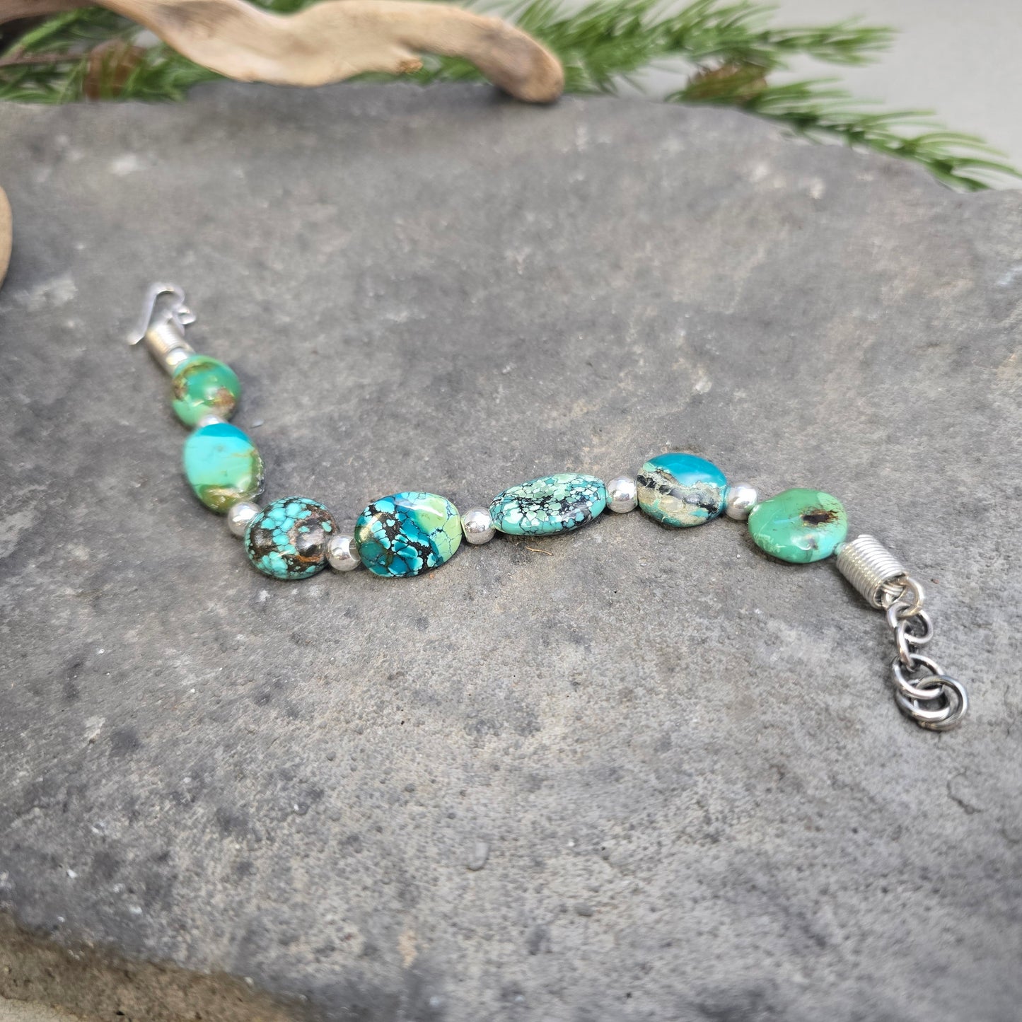 Rough Turquoise Bead and Sterling Silver Bracelet