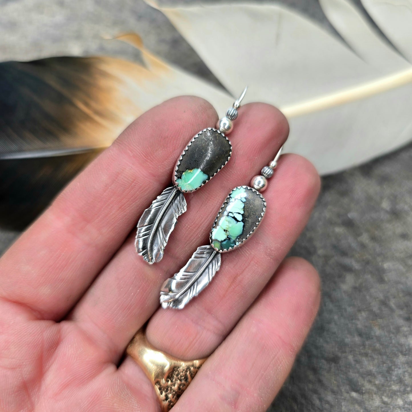 Black Jack Turquoise & Feather Sterling Silver Earrings