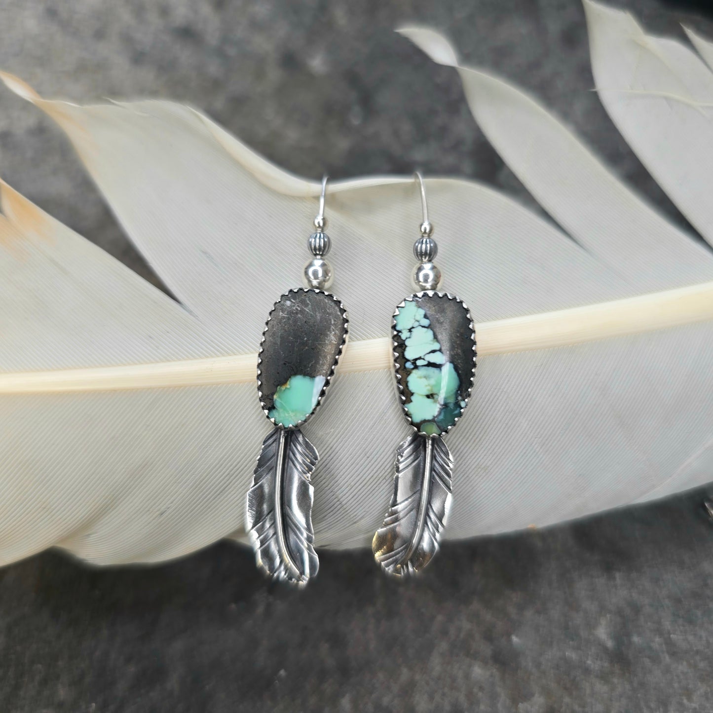 Black Jack Turquoise & Feather Sterling Silver Earrings