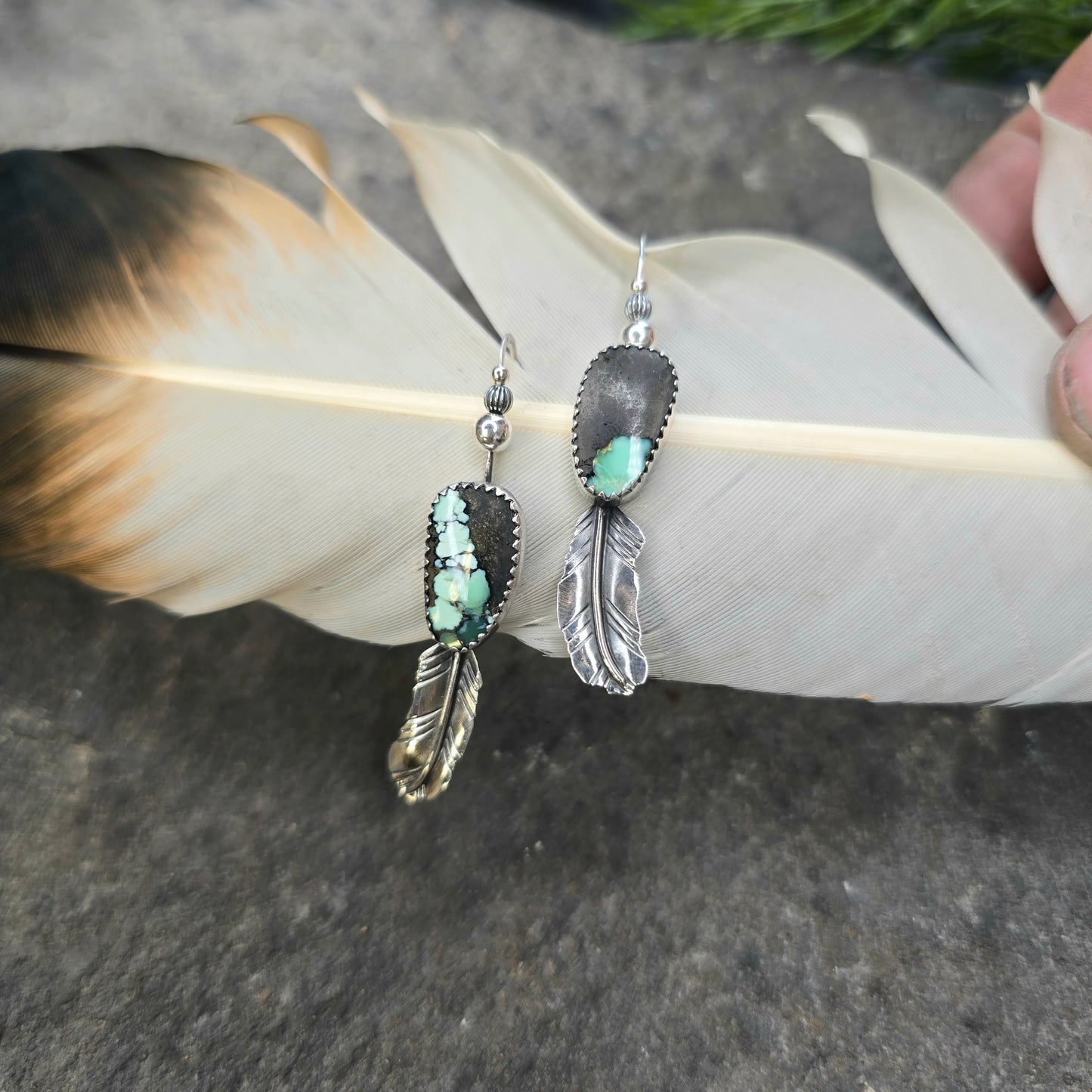 Black Jack Turquoise & Feather Sterling Silver Earrings