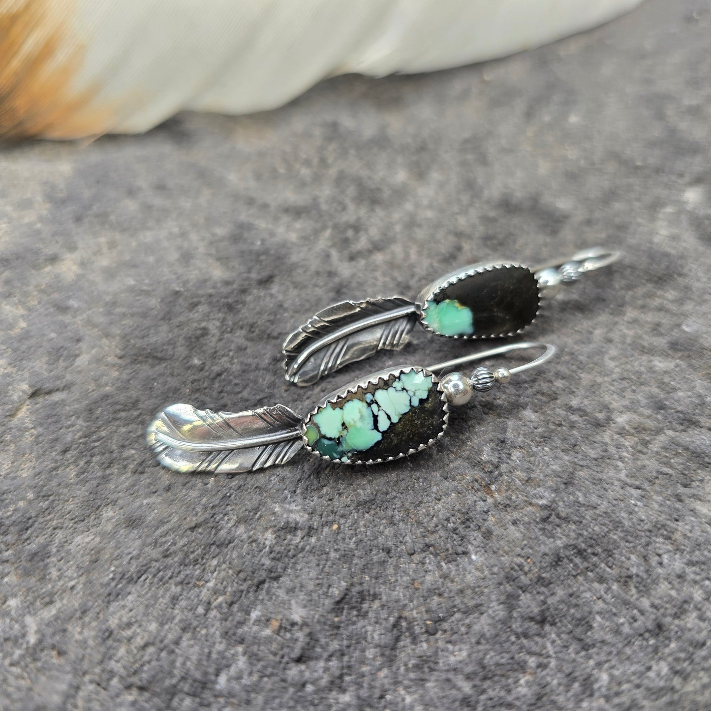 Black Jack Turquoise & Feather Sterling Silver Earrings