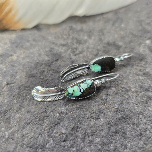 Black Jack Turquoise & Feather Sterling Silver Earrings