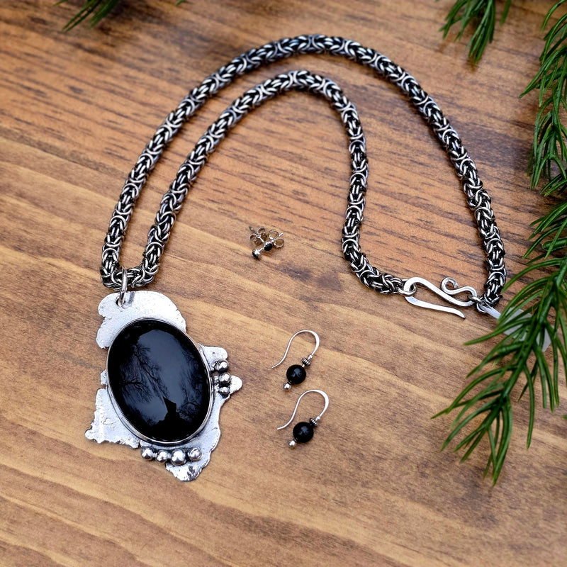 black onyx pendant on byzantine chain with threader earrings and 3mm post earrings displayed together