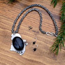 Load image into Gallery viewer, black onyx pendant on byzantine chain with threader earrings and 3mm post earrings displayed together

