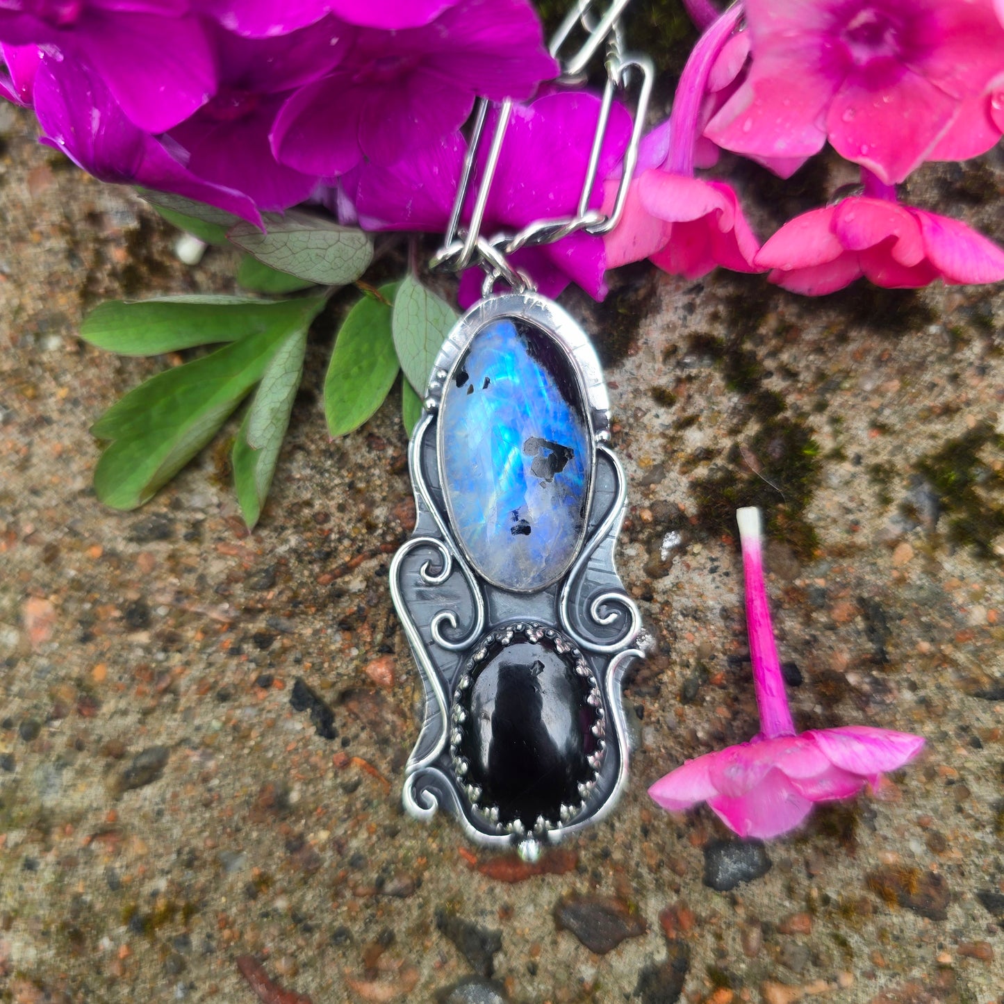 Rough Rainbow Moonstone & Black Onyx Swirl Sterling Silver Pendant