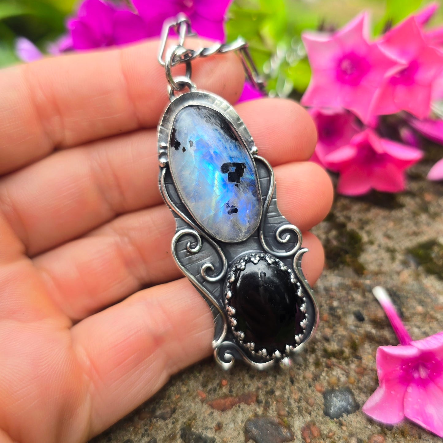 Rough Rainbow Moonstone & Black Onyx Swirl Sterling Silver Pendant