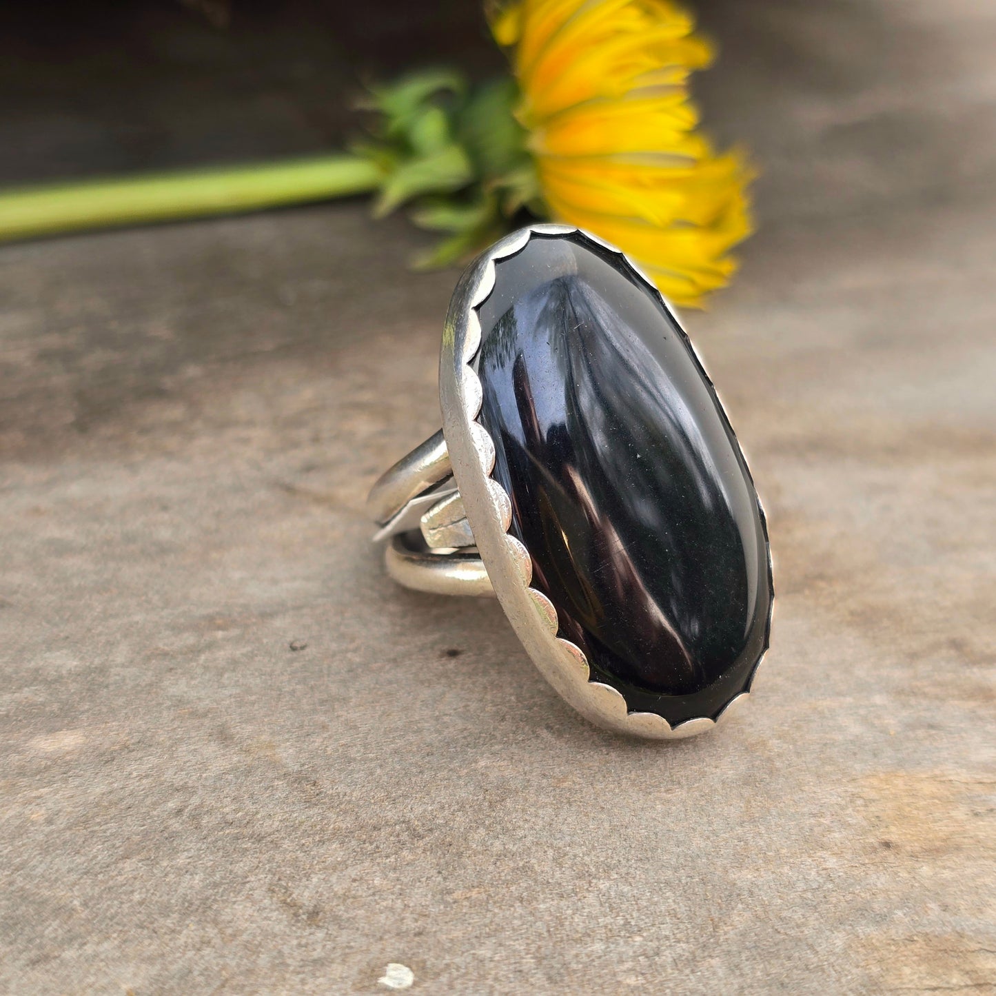 Hand-Forged Black Onyx Adjustable Sterling Silver Statement Ring