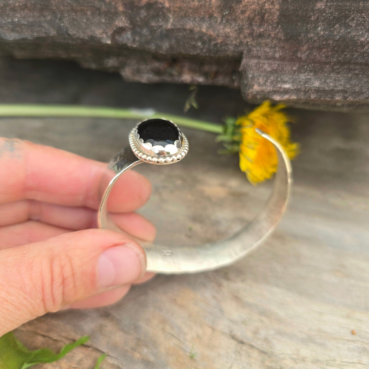 Hand-Forged Black Onyx Sterling Silver Open Cuff Bracelet