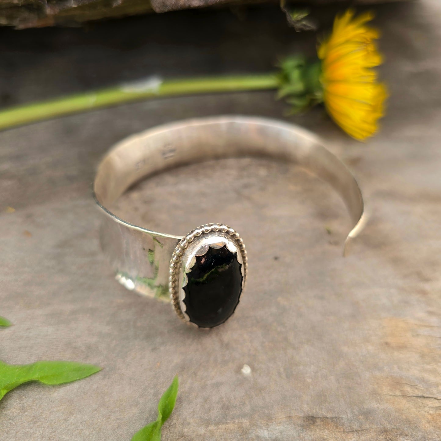 Hand-Forged Black Onyx Sterling Silver Open Cuff Bracelet