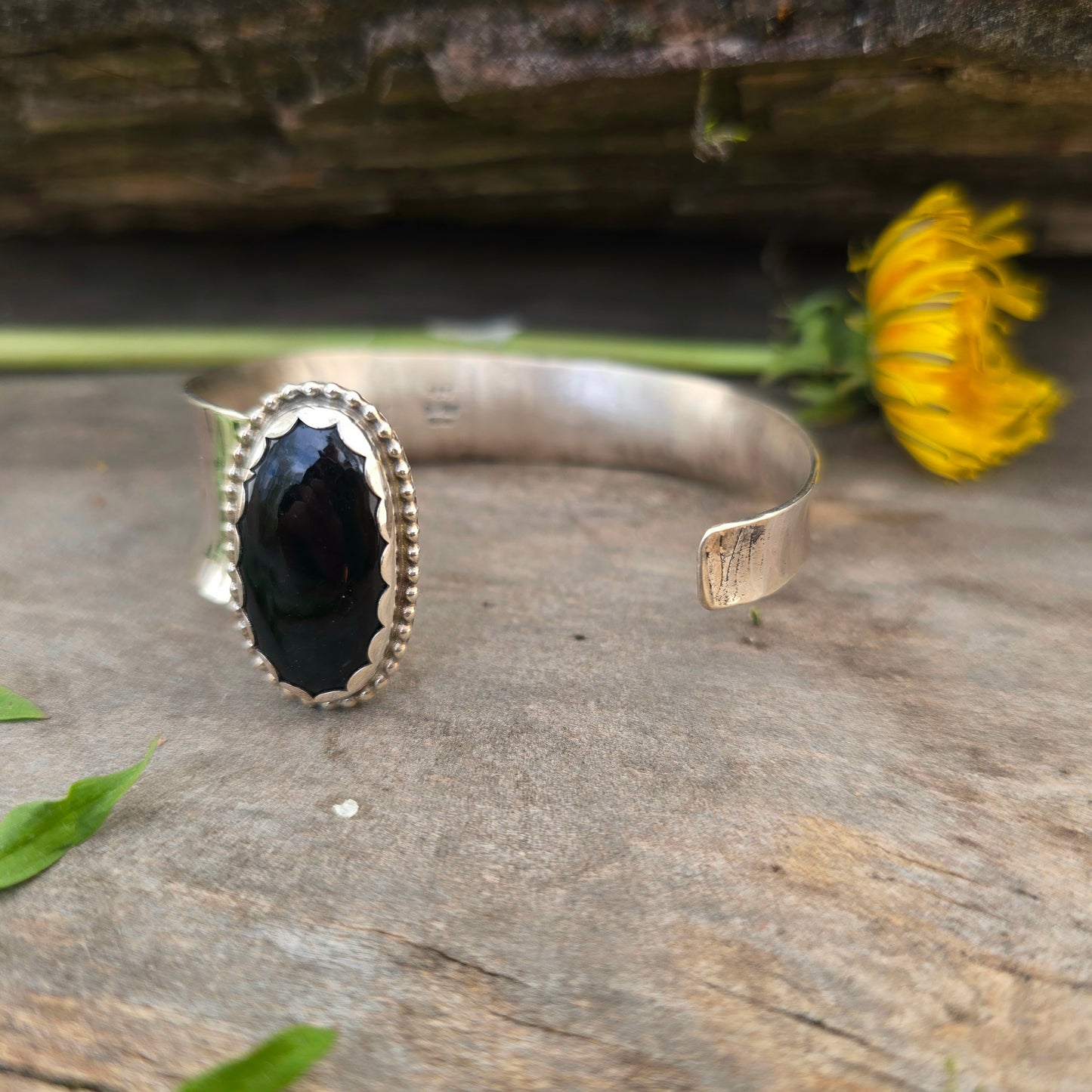 Hand-Forged Black Onyx Sterling Silver Open Cuff Bracelet