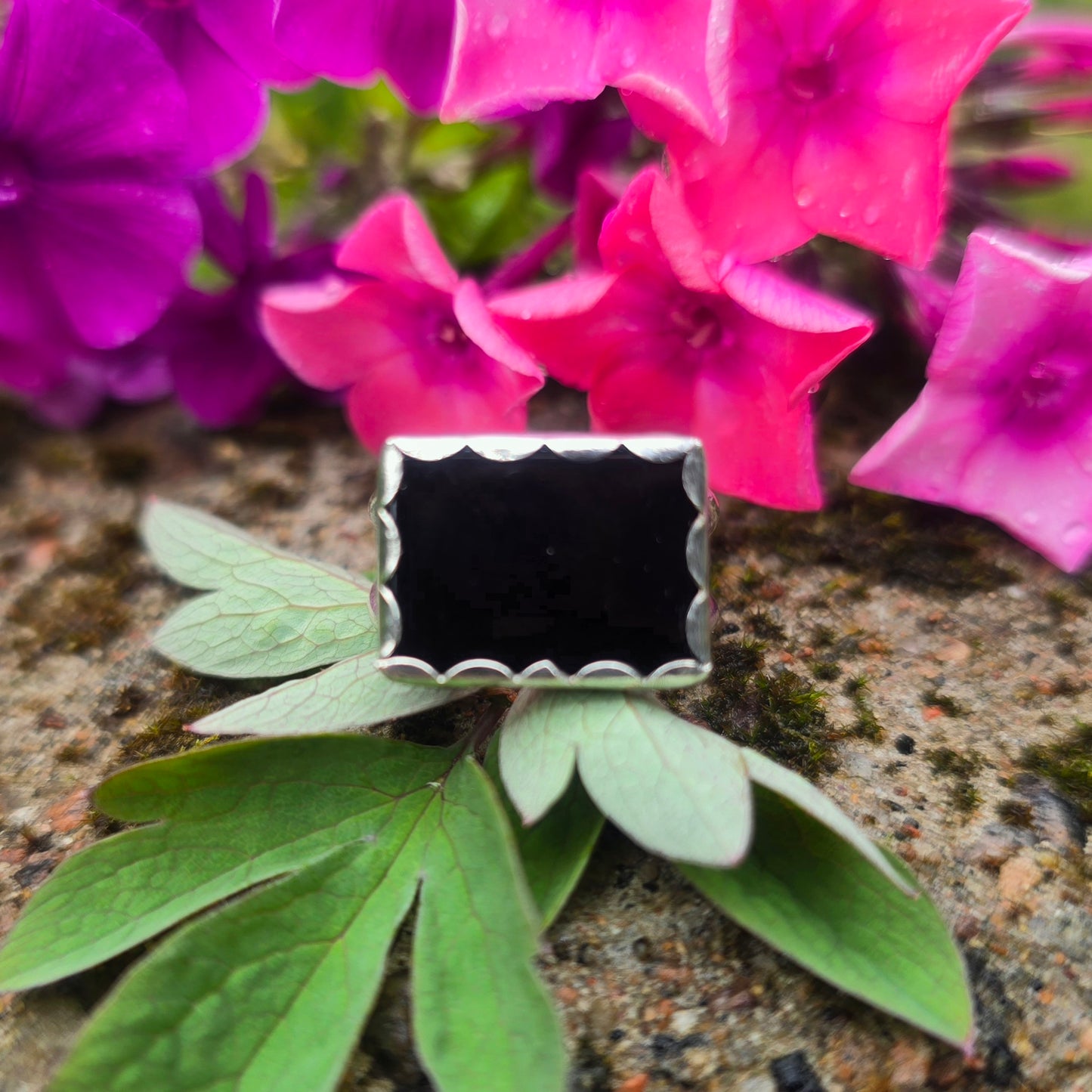 Rectangular Black Onyx Hand-Forged Sterling Silver Ring