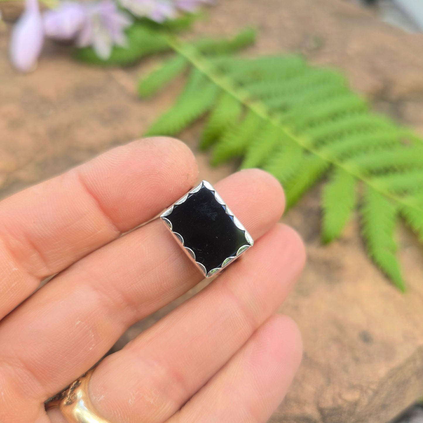 Rectangular Black Onyx Hand-Forged Sterling Silver Ring