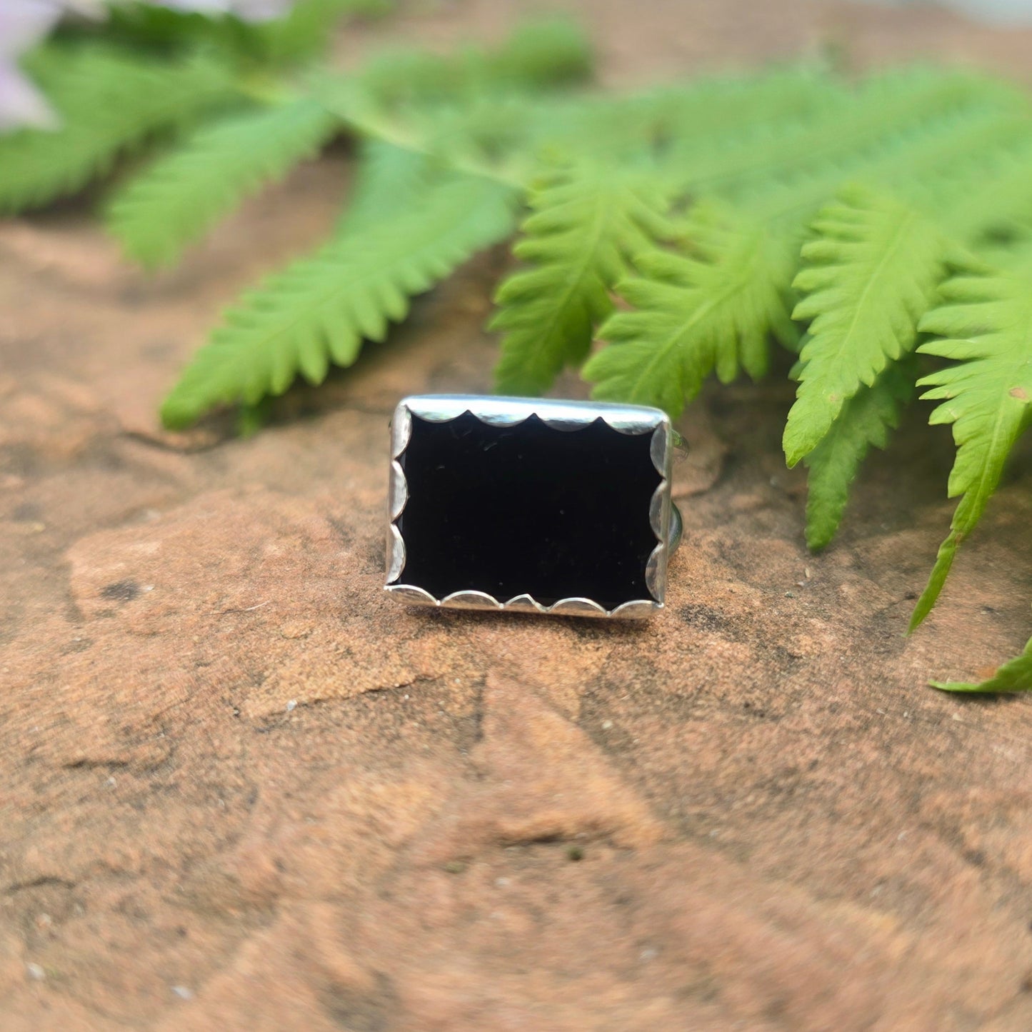 Rectangular Black Onyx Hand-Forged Sterling Silver Ring