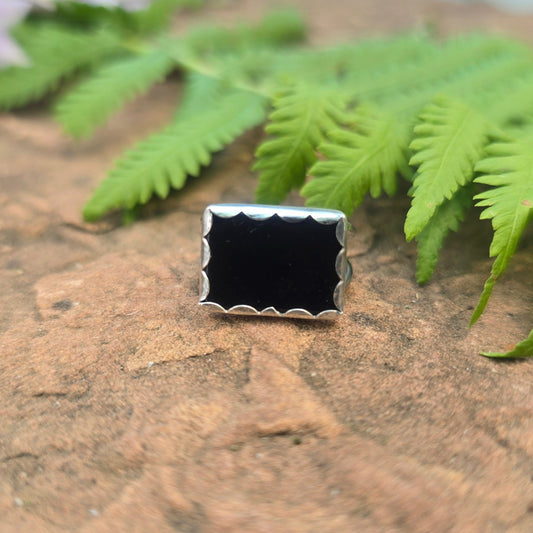 Rectangular Black Onyx Hand-Forged Sterling Silver Ring