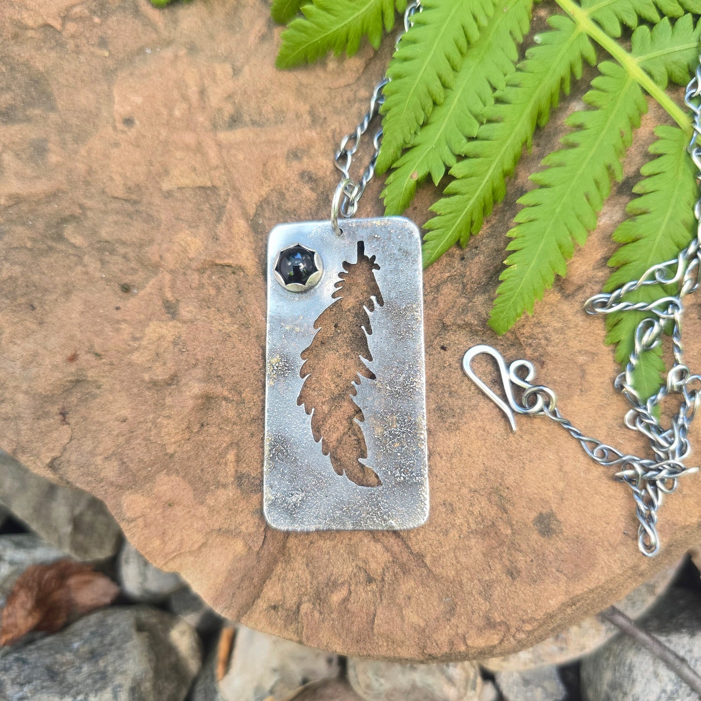 Feather Silhouette Black Onyx Sterling Silver Pendant