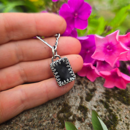 Rectangular Black Onyx Hand-Forged Sterling Silver Pendant