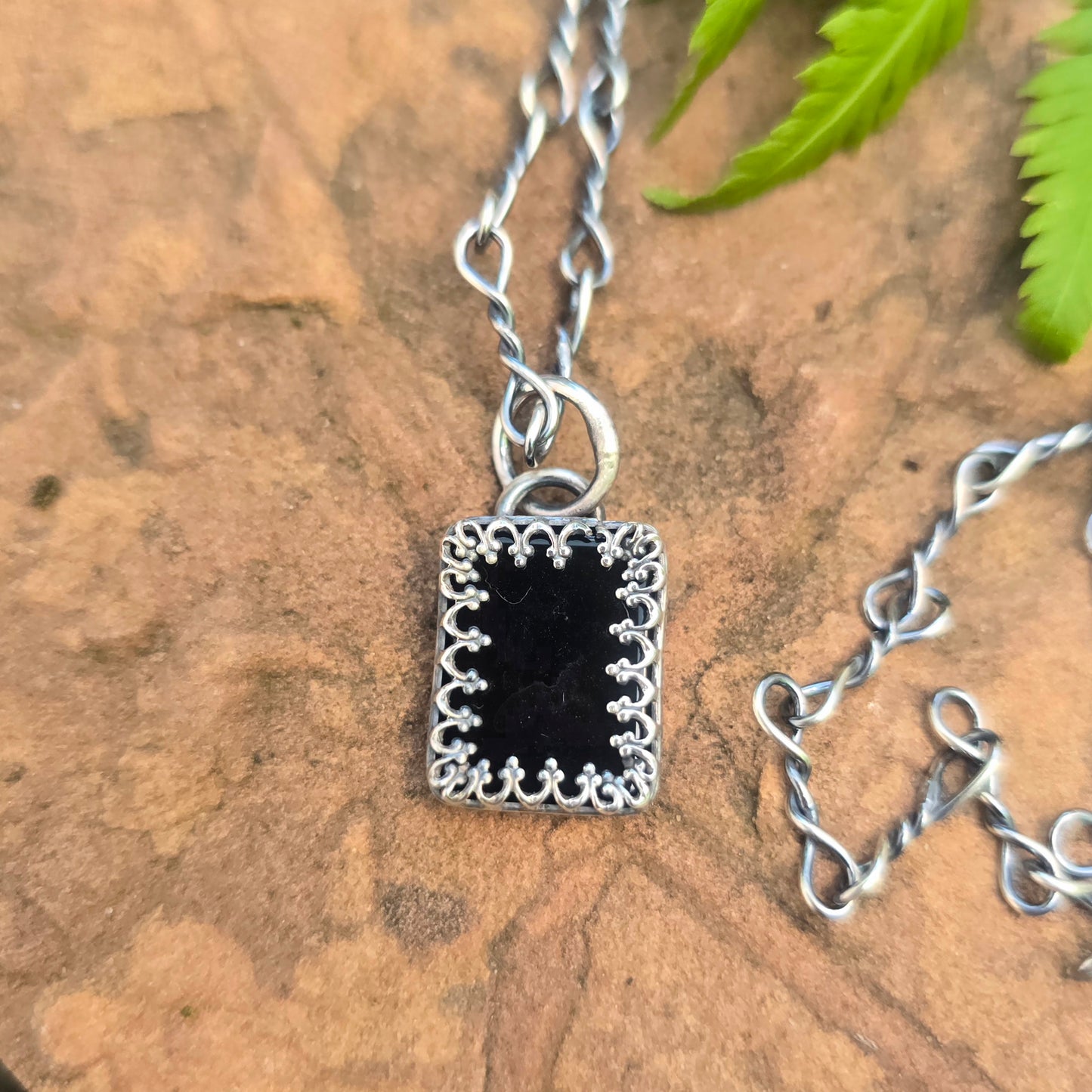 Rectangular Black Onyx Hand-Forged Sterling Silver Pendant