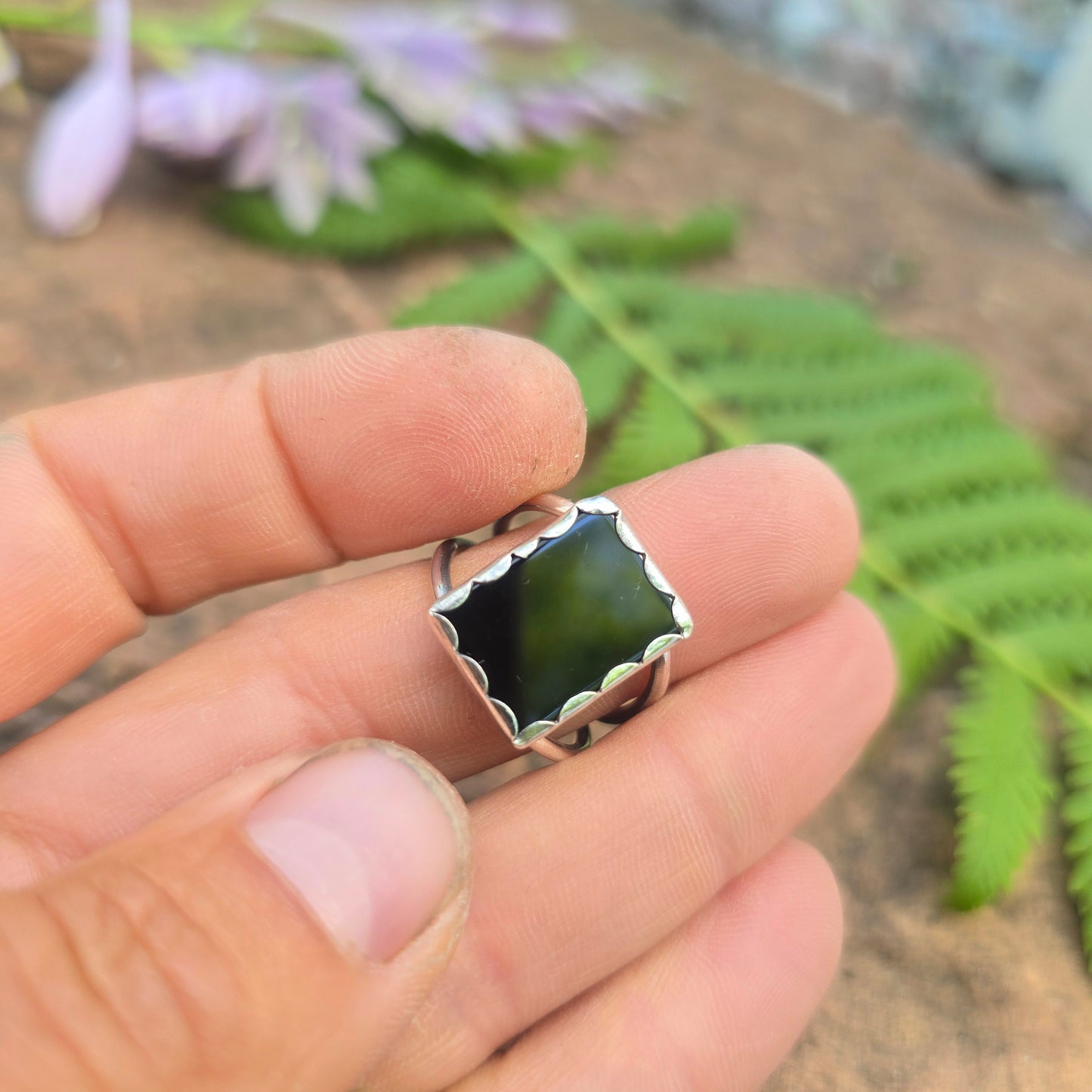 Rectangular Black Onyx Hand-Forged Sterling Silver Ring