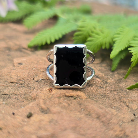 Rectangular Black Onyx Hand-Forged Sterling Silver Ring