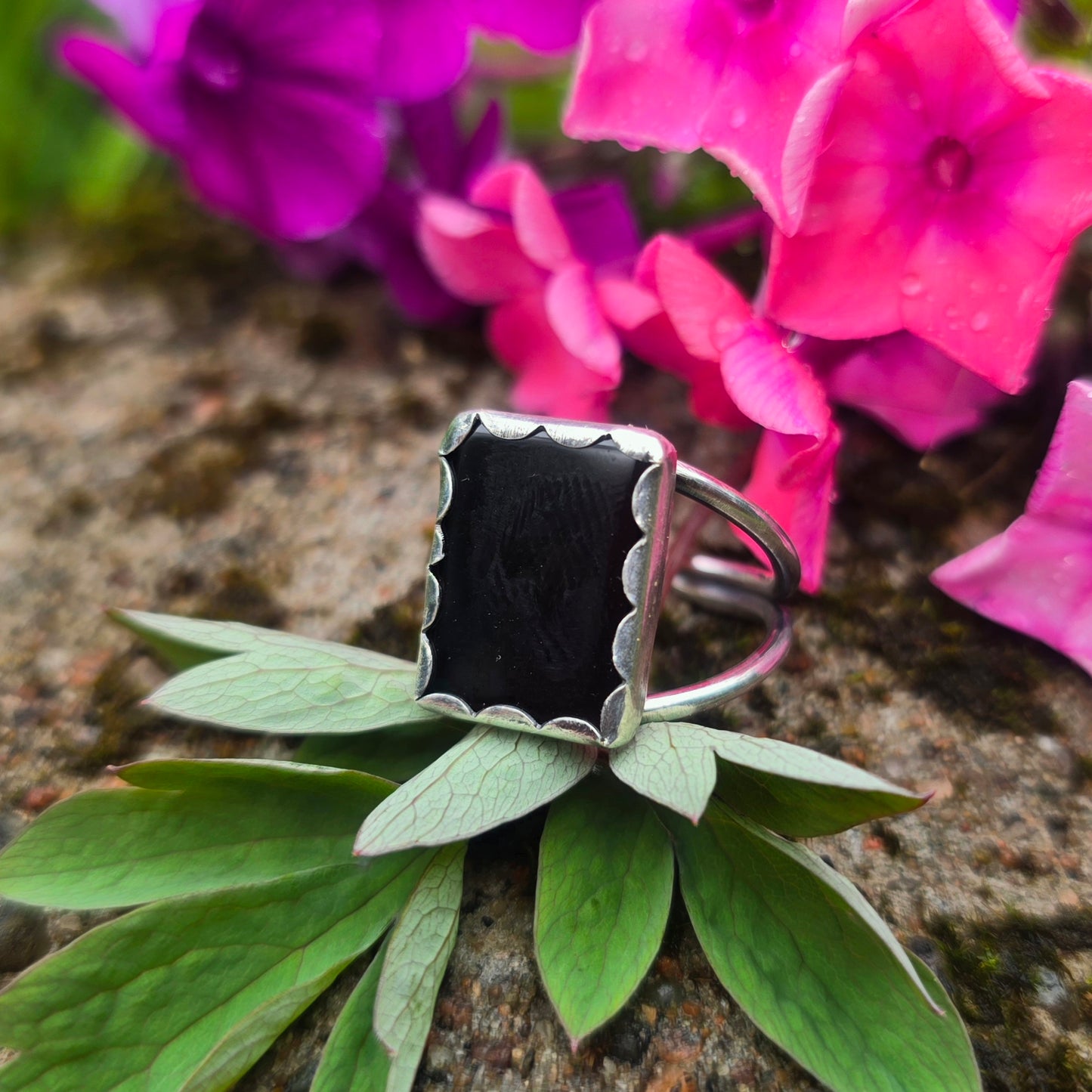 Rectangular Black Onyx Hand-Forged Sterling Silver Ring