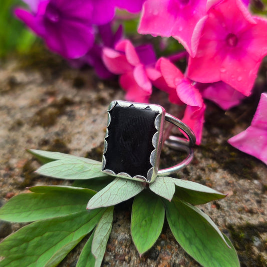 Rectangular Black Onyx Hand-Forged Sterling Silver Ring