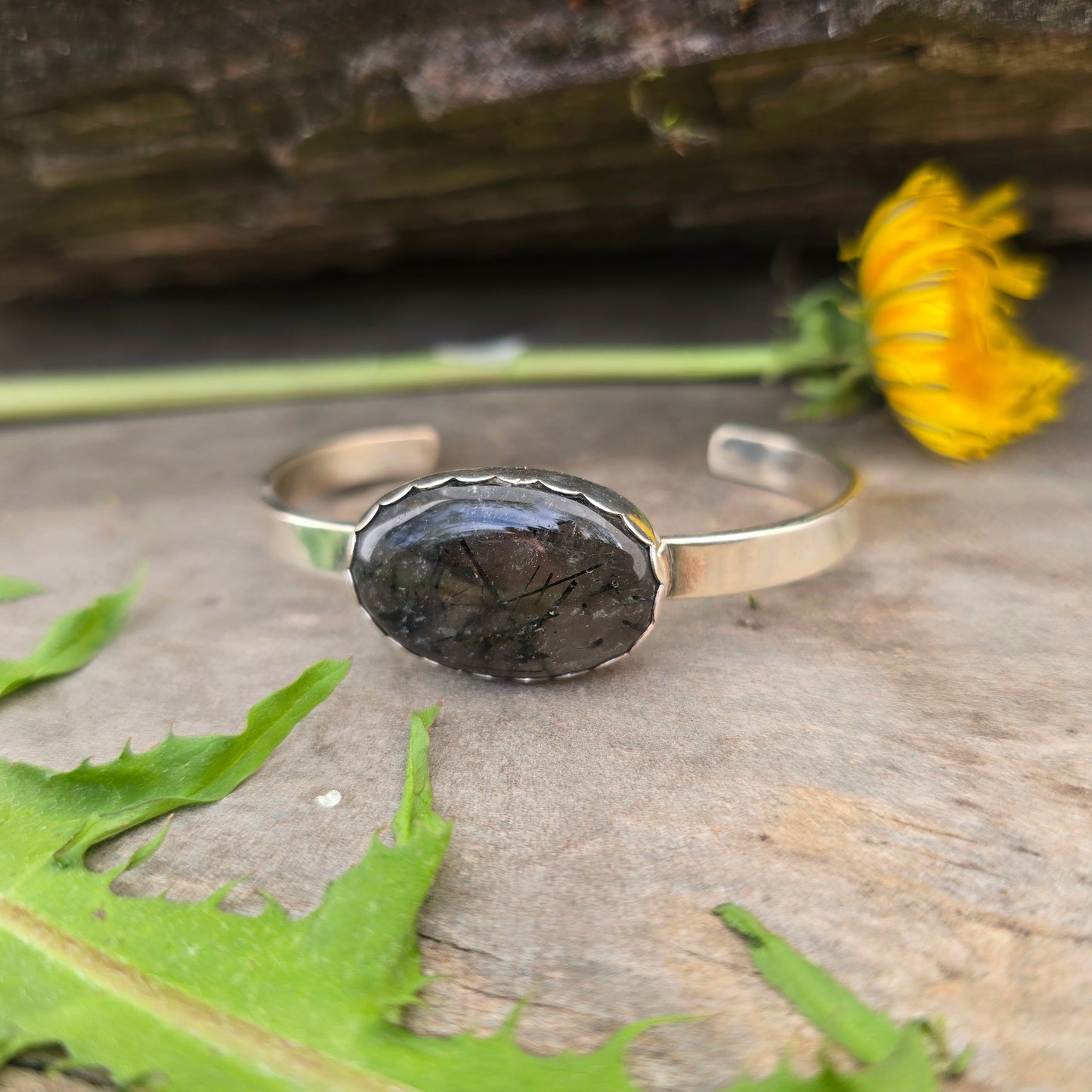 Hand-Forged Black Rutilated Quartz Sterling Silver Cuff Bracelet
