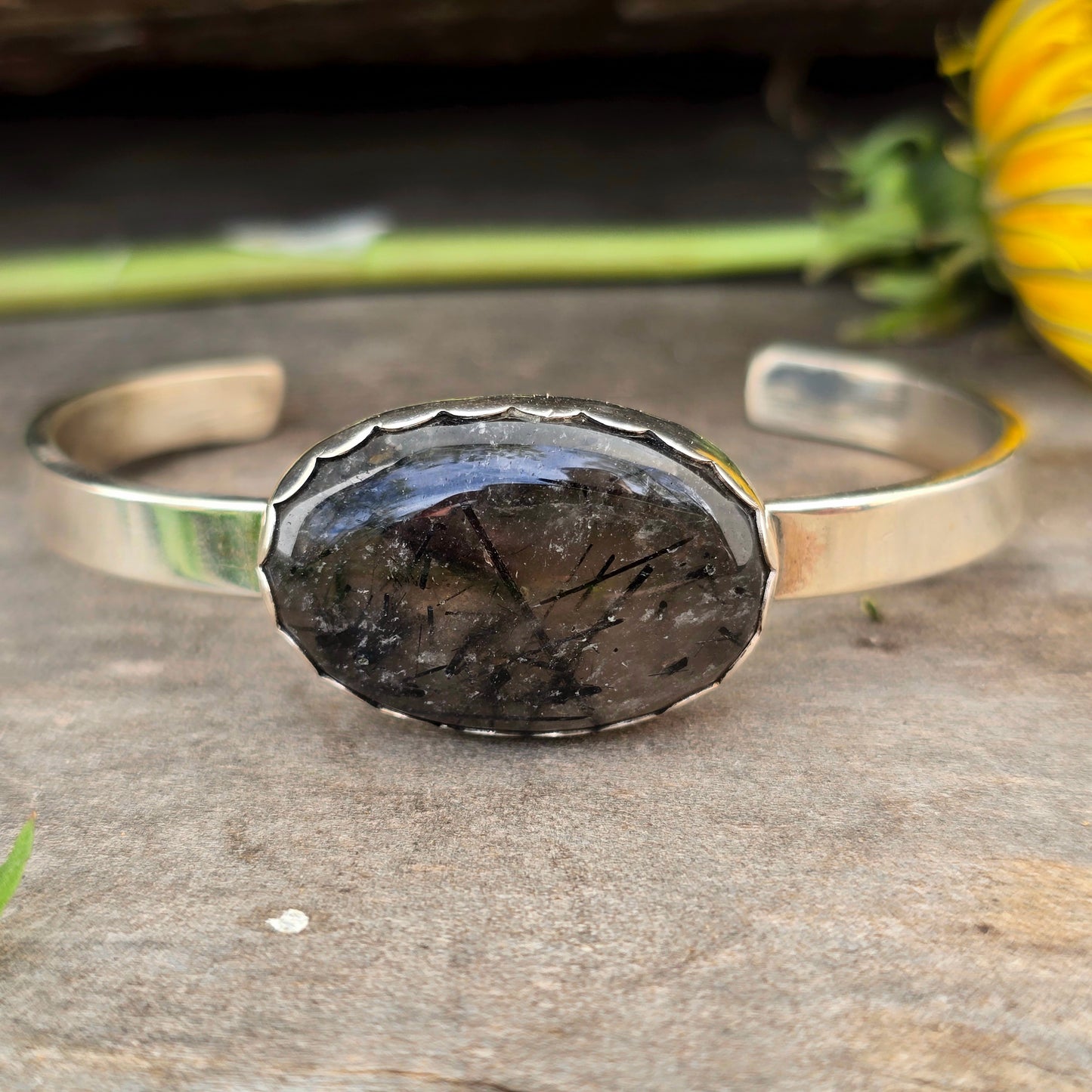 Hand-Forged Black Rutilated Quartz Sterling Silver Cuff Bracelet