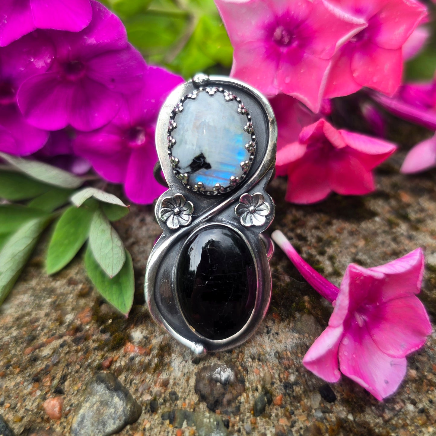 Rough Rainbow Moonstone & Black Tourmaline Flower Sterling Silver Ring