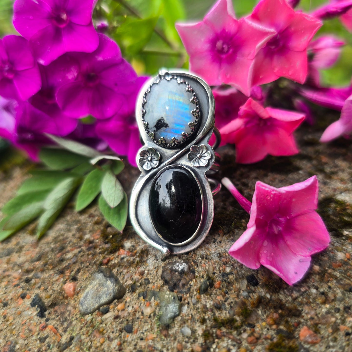 Rough Rainbow Moonstone & Black Tourmaline Flower Sterling Silver Ring