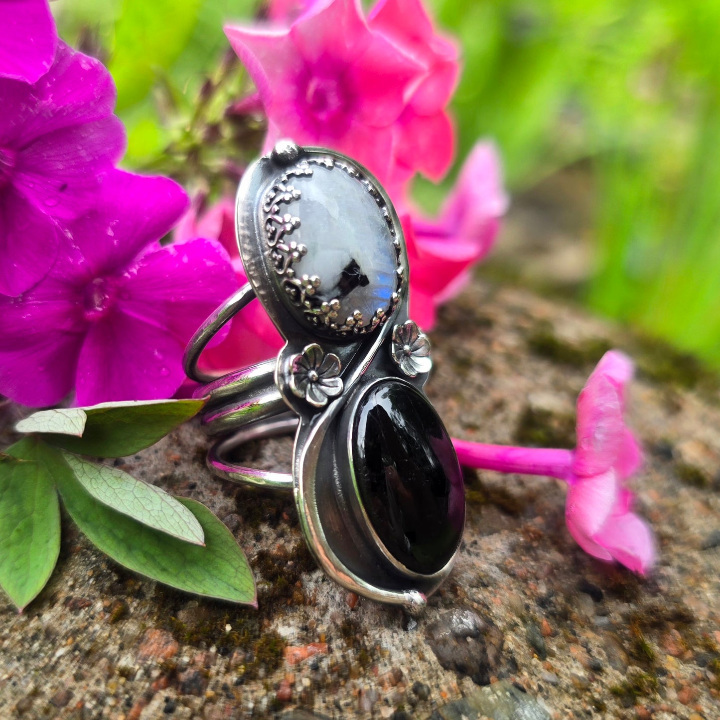 Rough Rainbow Moonstone & Black Tourmaline Flower Sterling Silver Ring