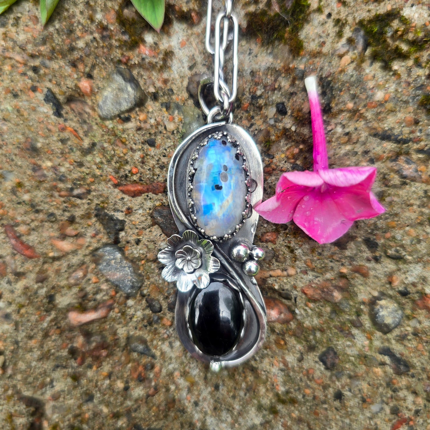 Rough Rainbow Moonstone & Black Tourmaline Flower Sterling Silver Pendant
