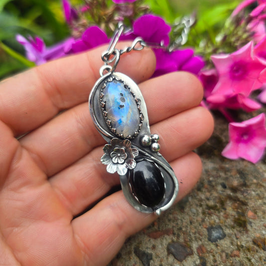 Rough Rainbow Moonstone & Black Tourmaline Flower Sterling Silver Pendant