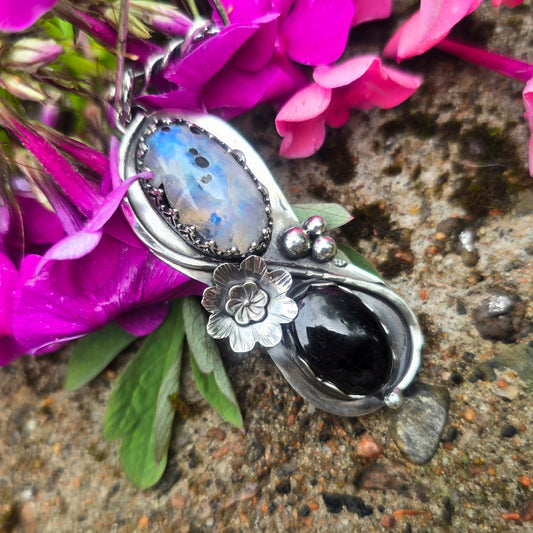 Rough Rainbow Moonstone & Black Tourmaline Flower Sterling Silver Pendant