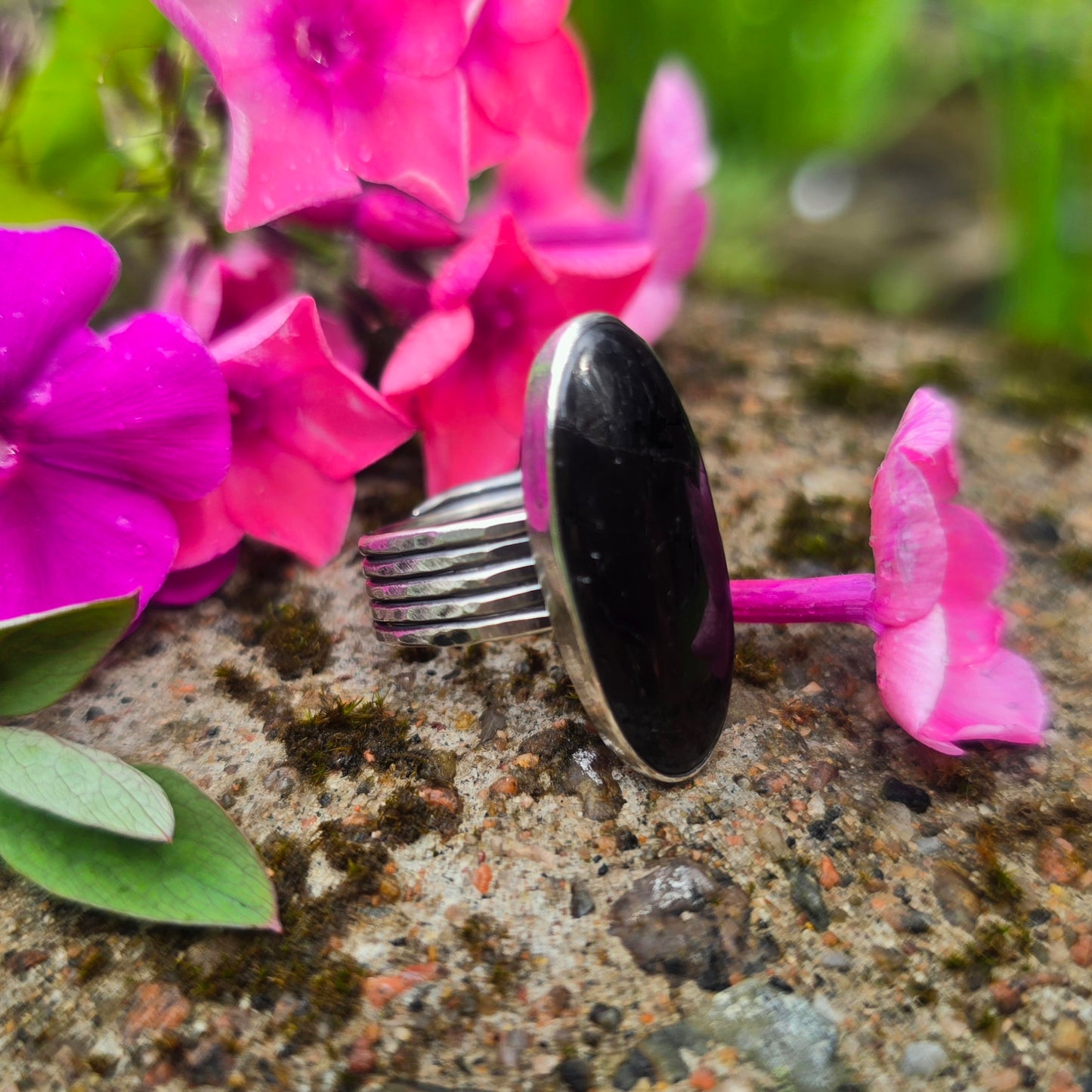 Black Tourmaline Five Band Hand-Forged Sterling Silver Ring