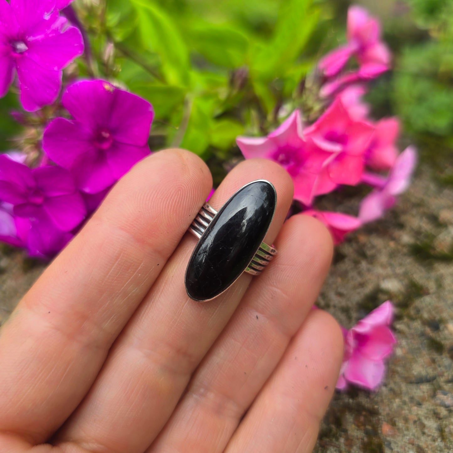 Black Tourmaline Five Band Hand-Forged Sterling Silver Ring