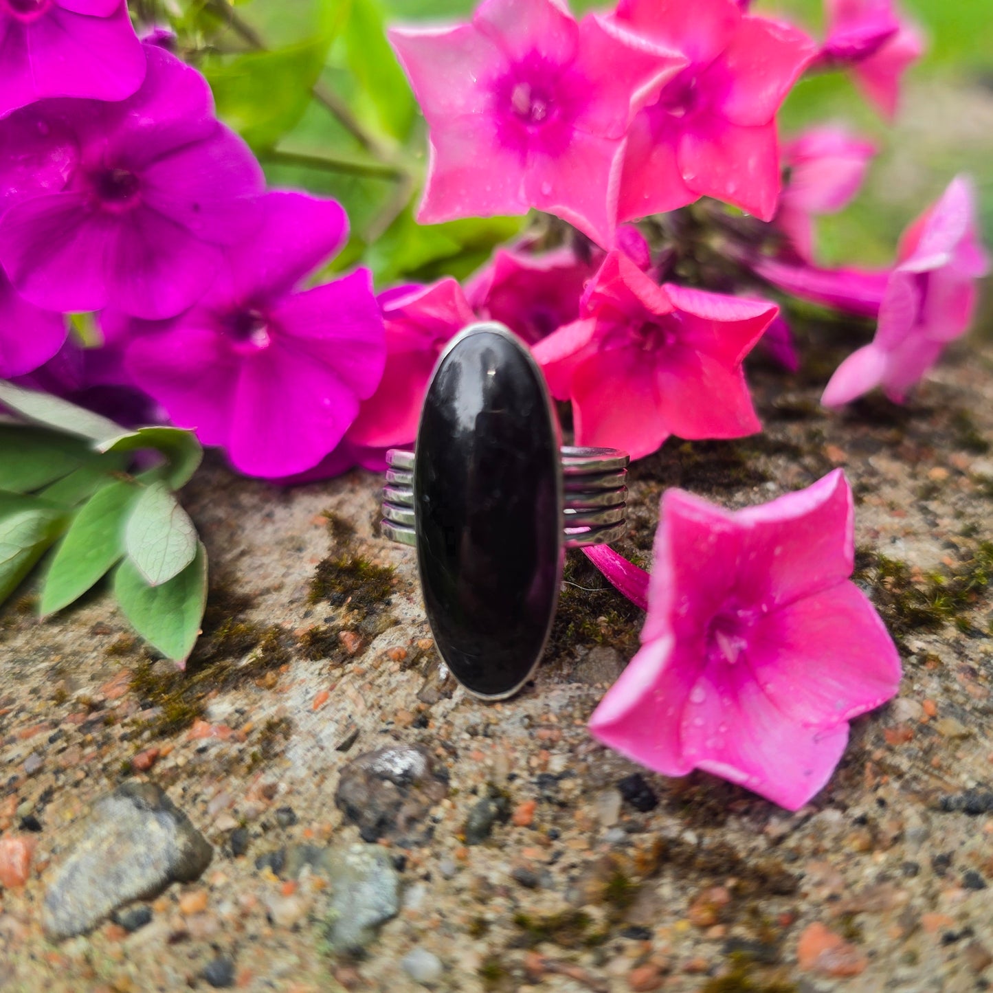 Black Tourmaline Five Band Hand-Forged Sterling Silver Ring