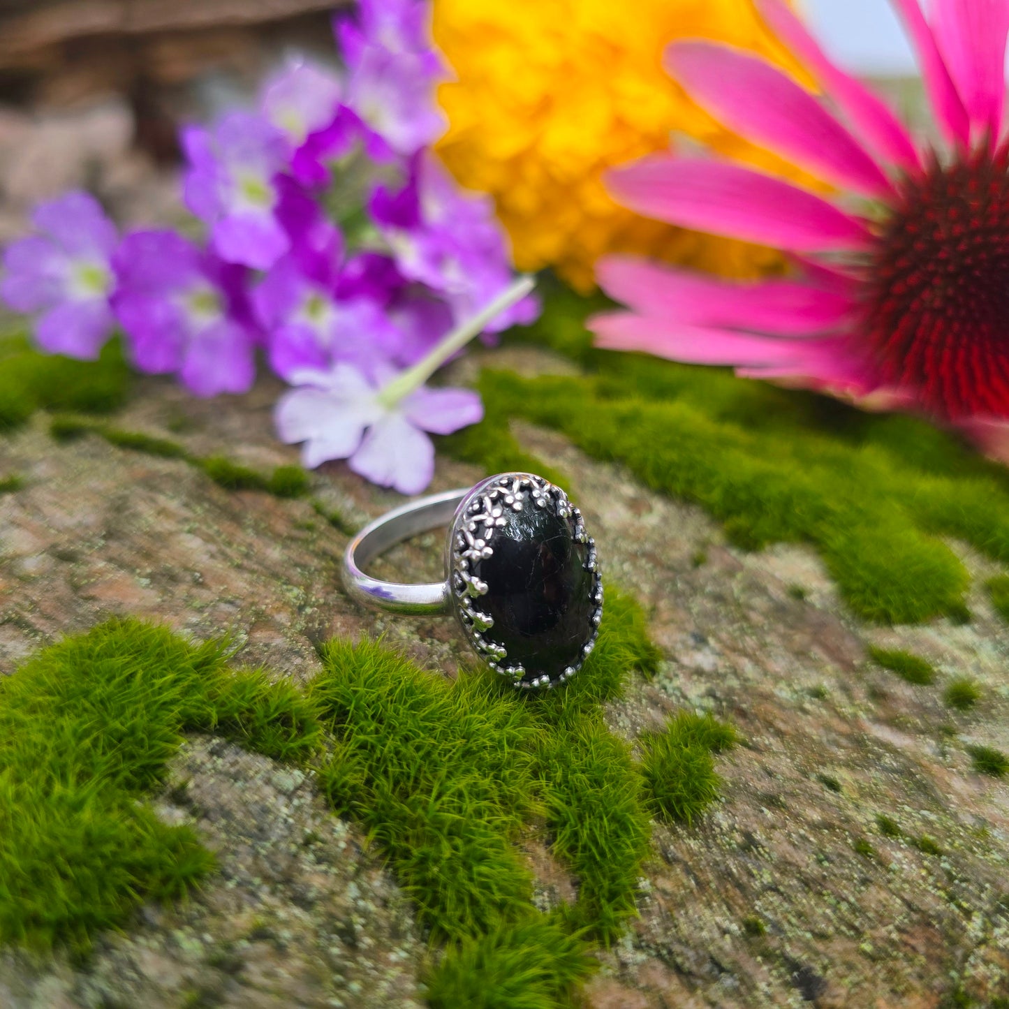 Black Tourmaline Heart Crown Hand-Forged Sterling Silver Ring