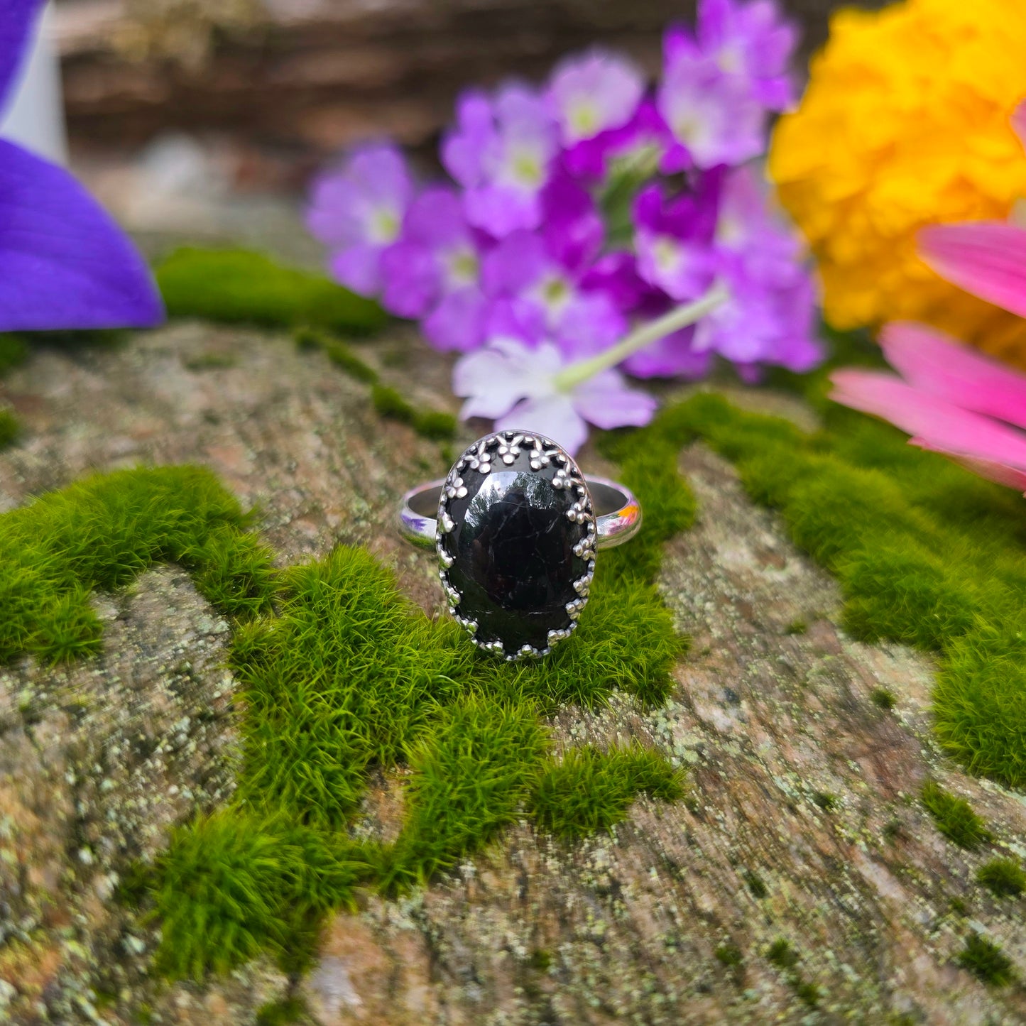 Black Tourmaline Heart Crown Hand-Forged Sterling Silver Ring